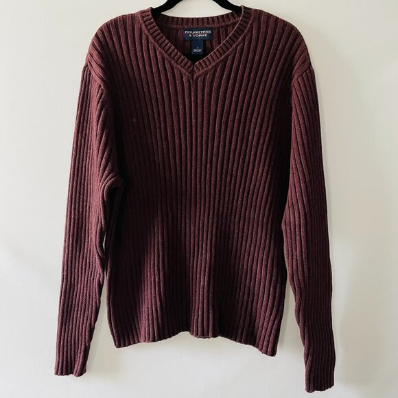 Roundtree & Yorke Mens Burgundy Ribbed Knit Classic V-Neck Sweater Size Large - Picture 1 of 8